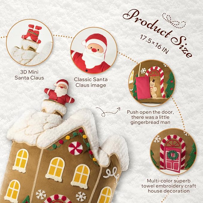 Phantoscope Gingerbread Series House Merry Christmas Throw Pillow, Velvet Christmas Shaped Pillow with Faux Fur Roof & 3D Santa Claus Decorative Xmas Pillow for Couch, Brown, 17.5 x 16in