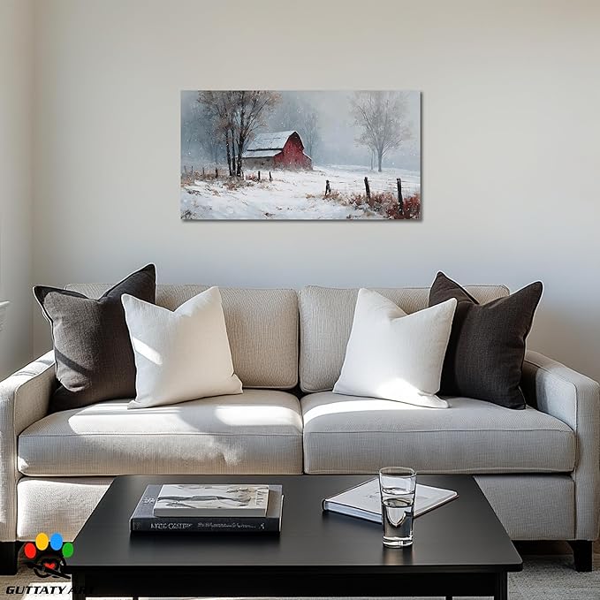 GUTTATY Christmas Winter Scene Canvas Wall Art, Red Barn Farmhouse Snowy Wall Painting, Rustic Poster Artwork, Cozy Seasonal Wall Decor Pictures for Living Room, Bedroom, Office, 40x20 Inch