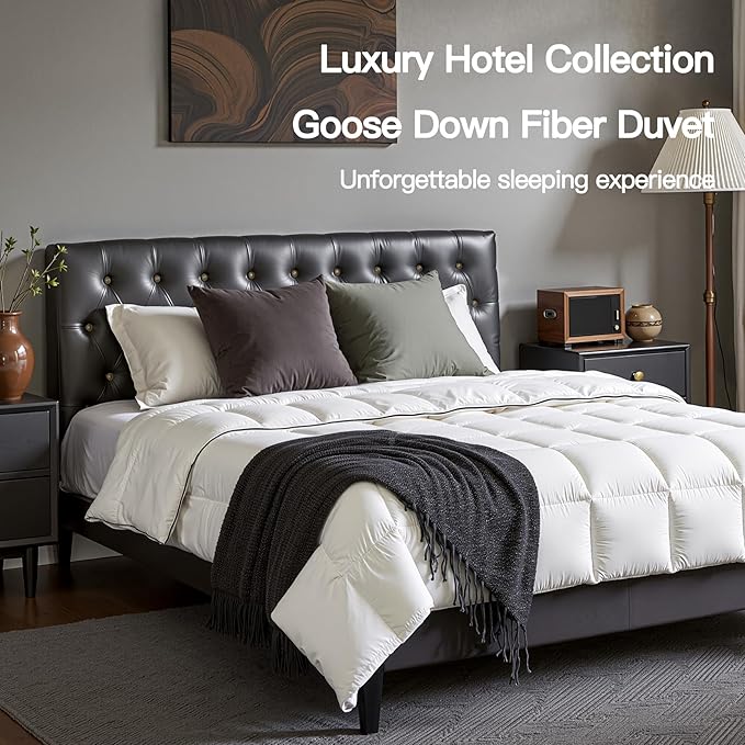 Goose Down Fiber Comforter Queen Size, 100% Cotton Luxurious Hotel Duvet Insert for All Season, Fluffy and Cozy with 8 Corner Tabs Medium Warmth 90 x 90 Inch White