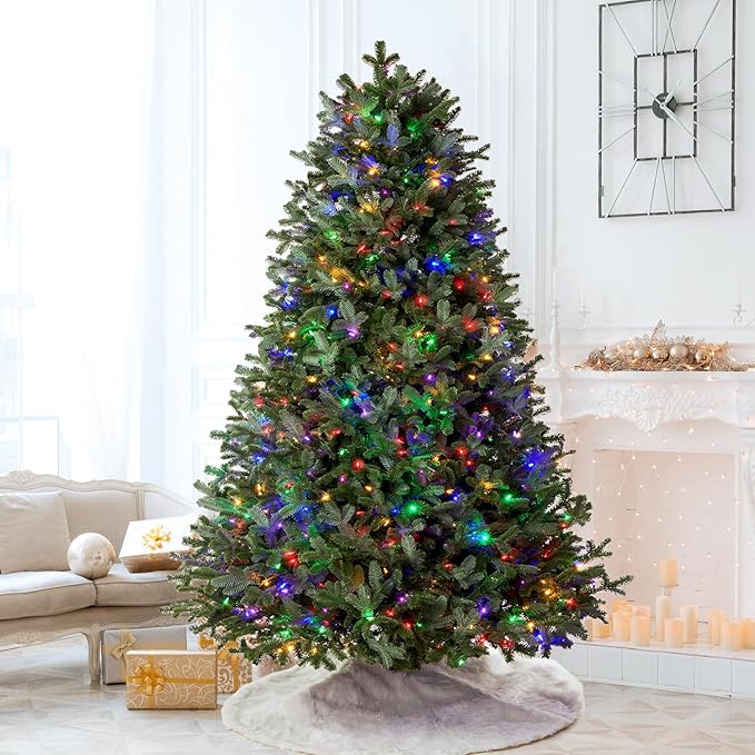 7.5FT Pre-lit Christmas Tree Premium Artificial Fir Remote Control with 400 Warm White & Multi-Color Lights, Hinged/Feel Real/Realistic/Full Fir Dual Color Xmas Tree 7.5 Feet Outdoor Festive Holiday
