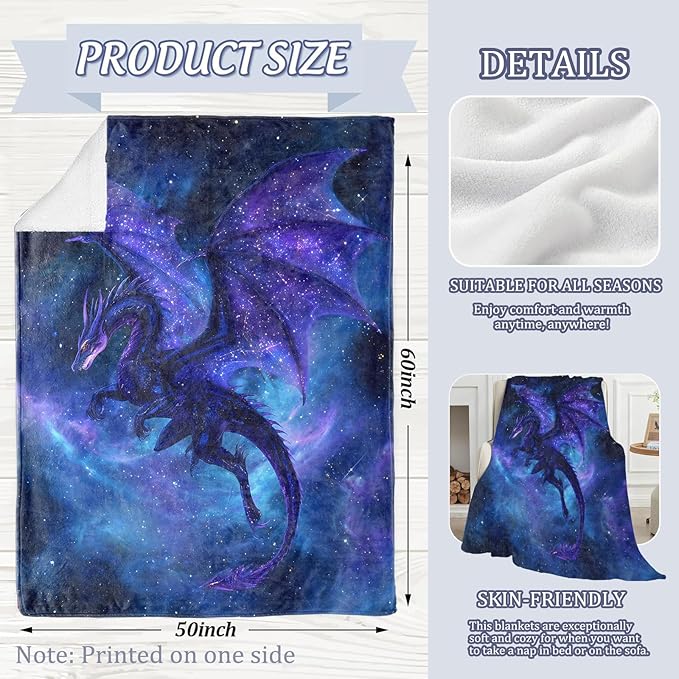 Mystical Dragon Blanket, Cosmic Galaxy Fantasy 50 x 40 Inch Flannel Throw Blanket, Gifts for Women Kids, Lightweight Cozy Warm Blankets for Sofa Travel Home Decor