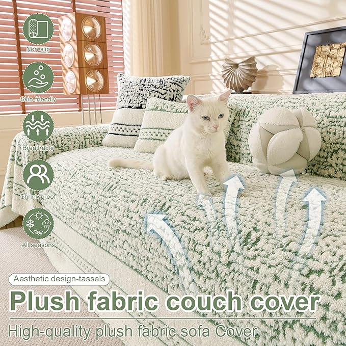 ROOMLIFE Thicked Striped Boho Green Couch Cover for 2-3 Cushion Sofa, Fuzzy Plush Warm Sofa Slipcovers Sectional Sofas Covers, Non Slip Washable Furniture Protector Soft with Tassel,Winter 71''X134”