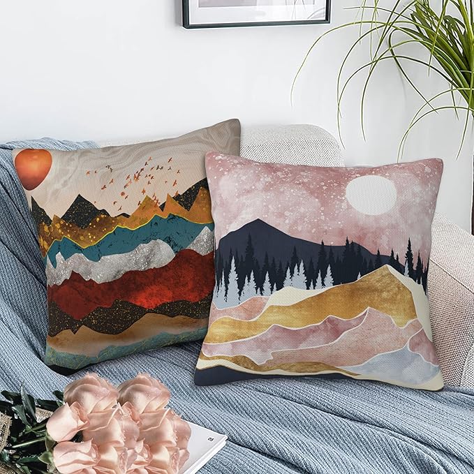 Throw Pillow Covers Golden Mountains Pillow Covers 18x18 Inch Set of 2 Colorful Mountains Throw Pillows Decorative Pillow Cases Cushion Covers for Bedroom Livingroom Sofa Farm House