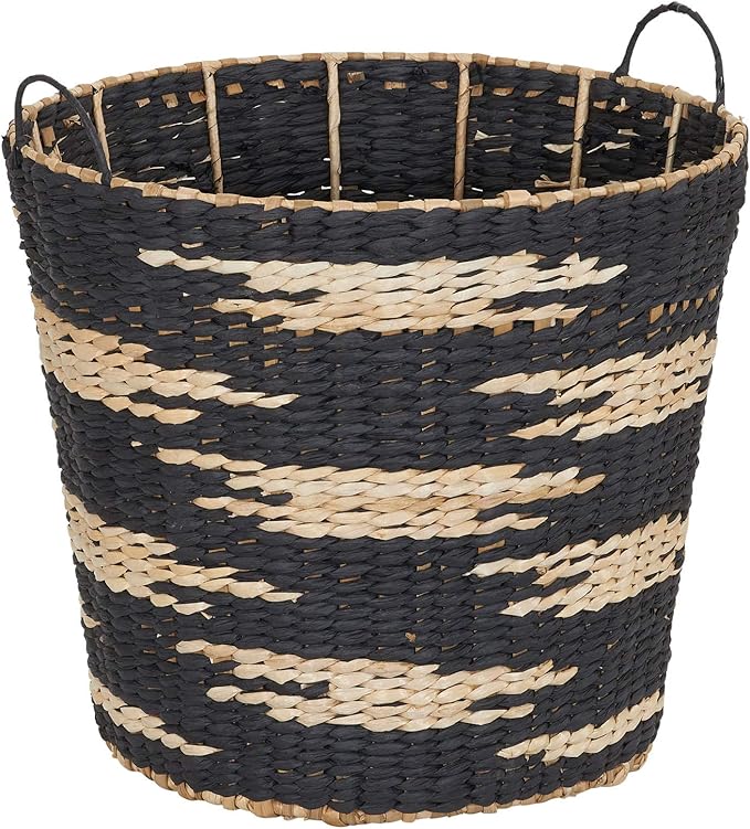 Household Essentials Large Round Woven Wicker Storage Basket with Handles | Black and Brown Geometic Design