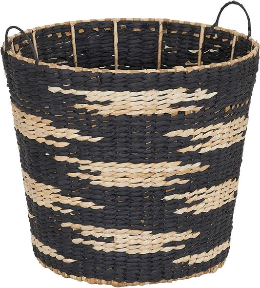 Household Essentials Large Round Woven Wicker Storage Basket with Handles | Black and Brown Geometic Design