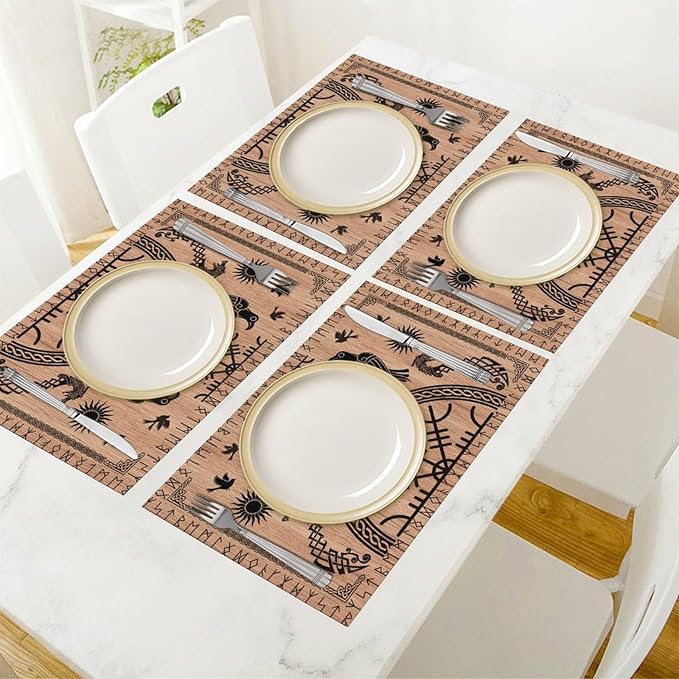 Viking Placemat Set of 4, 12x18 Inch Rustic Wooden Tree of Life Nordic Mythology Raven Helmet of Awe Dragon Black Rustic Coffee Table Mats for Outdoor Farmhouse Kitchen Dining Table Decoration