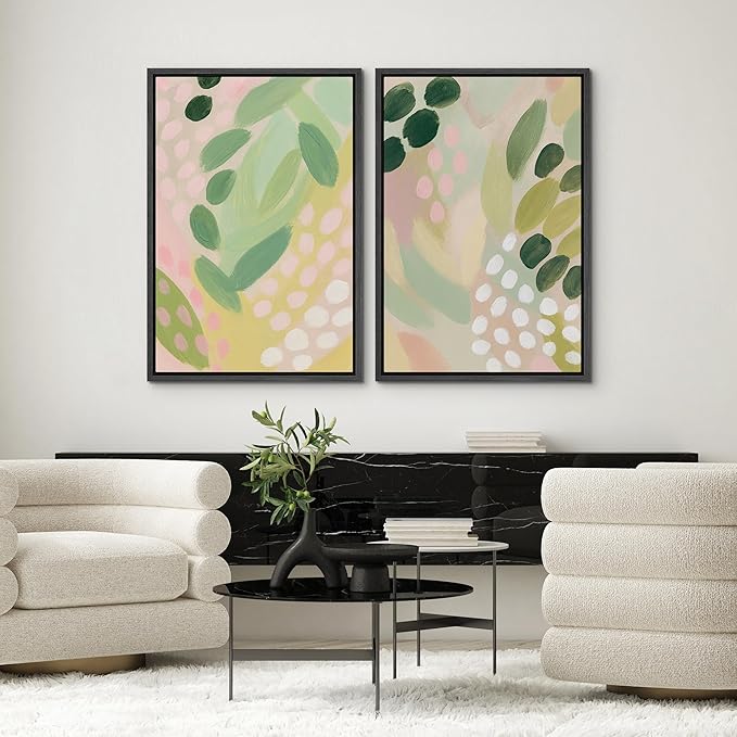 SIGNWIN Framed Canvas Print Wall Art Set Pastel Garden Rhythm Abstract Green and Pink Brushstroke Botanical Zen Bohemian for Living Room, Bedroom, Office - 24"x36"x2 BLACK