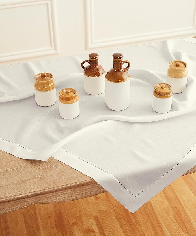 Solino Home Ivory Linen Tablecloth 52 x 52 Inch - 100% Pure Linen Square Table Throw - Classic Hemstitch, Machine Washable Table Cloth for Fall, Autumn, Thanksgiving, Christmas, Holiday