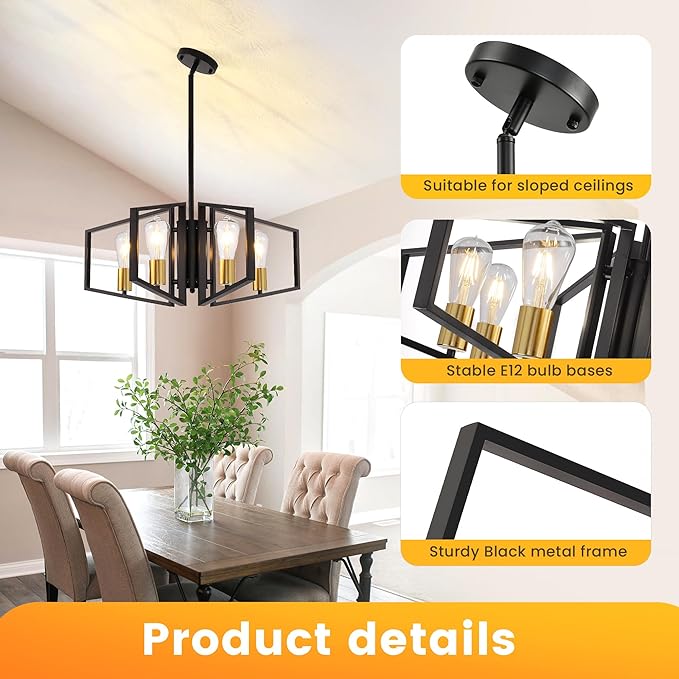 WJShome 4-Light Black and Gold Chandelier, Farmhouse Ceiling Light Fixtures, Dining Room Light Fixtures Over Table, Hanging Geometric Pendant Lights, for Kitchen Island, Bedroom, Foyer, Entryway