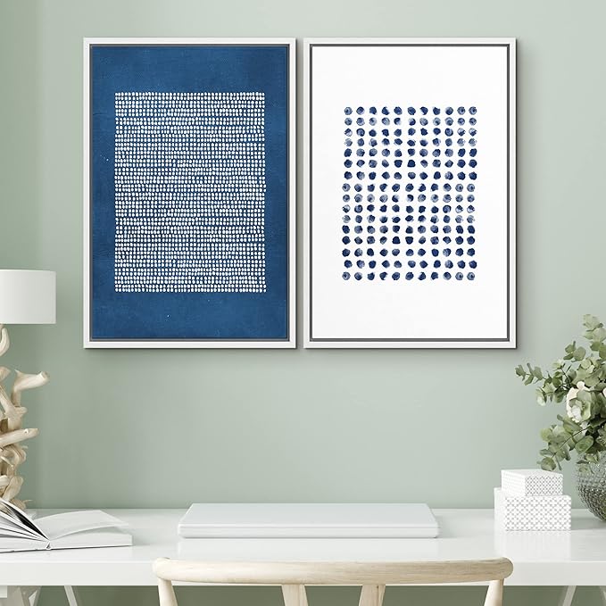 SIGNWIN Framed Canvas Print Wall Art Set Navy Blue White Geometric Dot Collage Abstract Shape Illustration Modern Art Decorative Nordic Multicolor for Living Room, Bedroom, Office - 24"x36"x2 White
