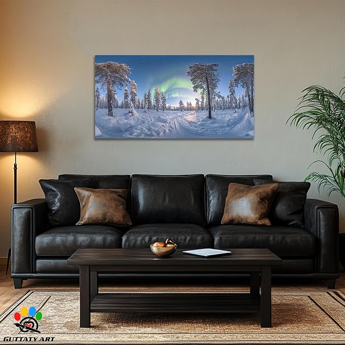 GUTTATY Christmas Winter Canvas Wall Art, Northern Lights Winter Scene Canvas Prints, Snowy Forest Landscape Poster Picture, Holiday Artwork for Living Room, Bedroom, Office, 24x12 Inch