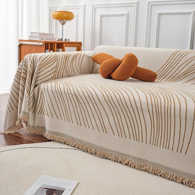 VClife XXL Sofa Cover Chenille Couch Cover for 3 Cushion Couch Sofa, Modern Beige Khaki Striped Couch Covers for Kids Washable Sectional Sofa Protector with Tassel 71"X150"