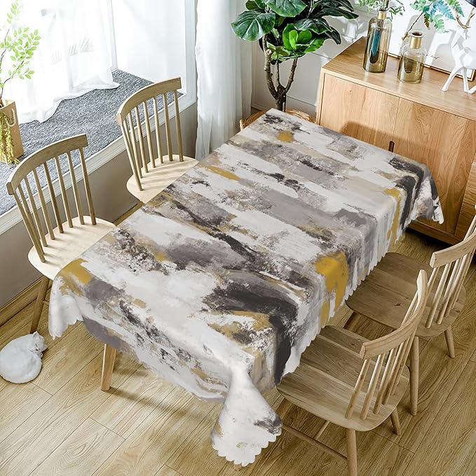 60x108inches Grey White Abstract Art Tablecloth Grunge Style Oil Painting Modern Tablecloth Oil Proof Waterproof Fabric Table Cover for Kitchen Dining Room Living Room Patio Home Decorations