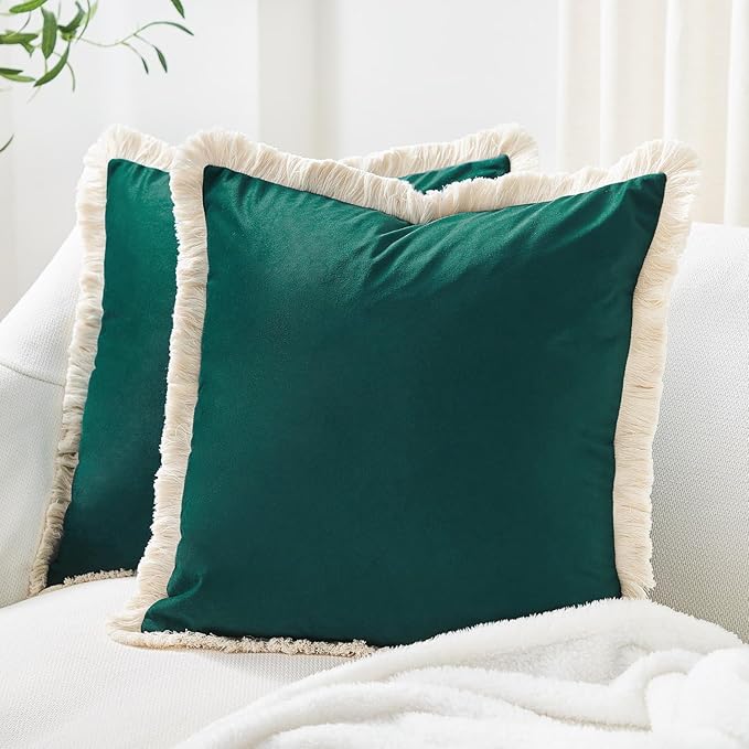 MONDAY MOOSE Decorative Throw Pillow Covers Cushion Cases, Set of 2 Soft Velvet Modern Fringe Tassel Designs, Mix and Match for Home Decor, Pillow Inserts Not Included (Teal Green, 16x16 inch)
