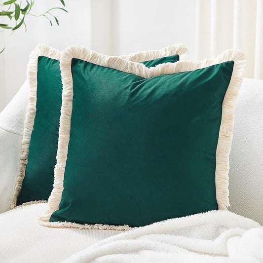 MONDAY MOOSE Decorative Throw Pillow Covers Cushion Cases, Set of 2 Soft Velvet Modern Fringe Tassel Designs, Mix and Match for Home Decor, Pillow Inserts Not Included (Teal Green, 16x16 inch)