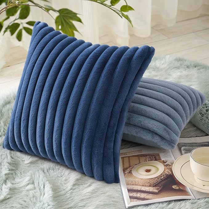 decorUhome Faux Fur Christmas Throw Pillow Covers 22x22 Set of 2, Decorative Soft Plush Striped Neutral Couch Euro Pillow Covers with Velvet Back for Sofa, Bed, Living Room Home Decor, Blue