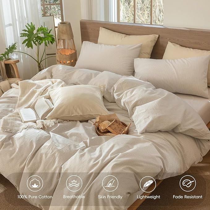 MooMee Striped Duvet Cover Set 100% Washed Cotton Linen Like Textured Breathable Durable Soft Comfy (Tannish Linen Grey White Pinstripes, Alaska King 132"x120")