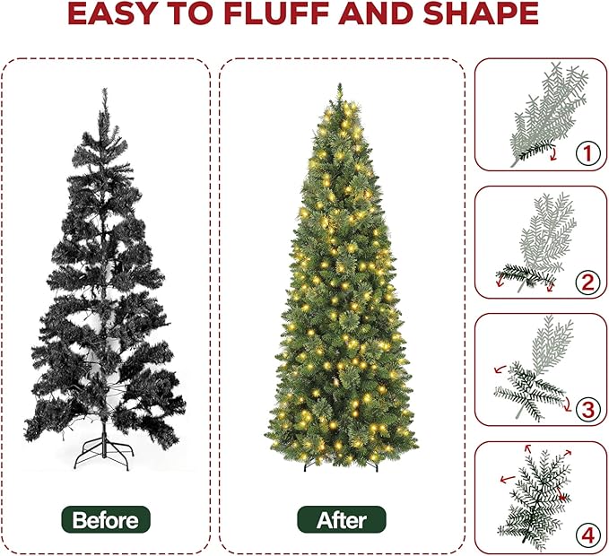 Hykolity 7.5ft Artificial Pre-lit Pencil Christmas Tree, Slim Christmas Tree with 300 Warm White LED Lights, 792 PVC Tips, Foldable Metal Stand and Hinged Branches