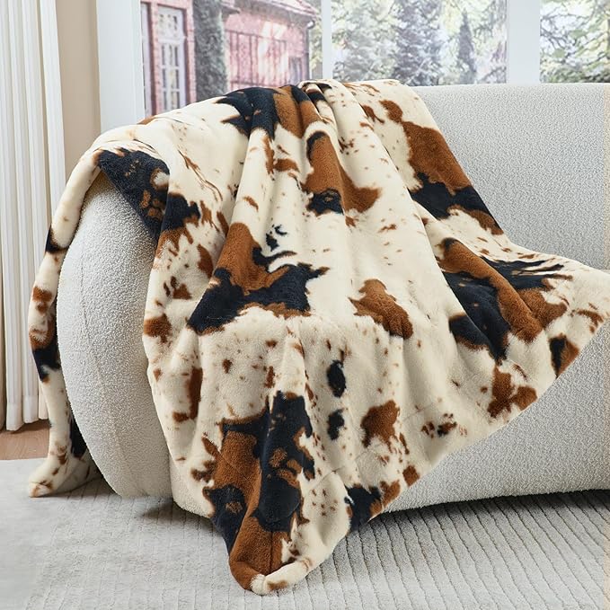 Krifey Faux Fur Blanket for Couch, Soft Bed Throw, Cozy Fuzzy Plush Thick Warm Blanket, Faux Rabbit Fleece, Christmas Birthday Gifts for Girls Women Mom Men, Dorm Room Decor, Animal Cow Print, 50x60in