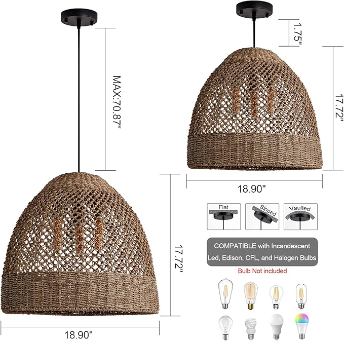 18.9" Rustic Woven Pendant Light Fixture 3-Lights Bohemian Handmade Basket Hanging Light Rattan Wicker Farmhouse Chandelier for Kitchen Island Bedroom Living Room, Kitchen Island, Foyer Hallway