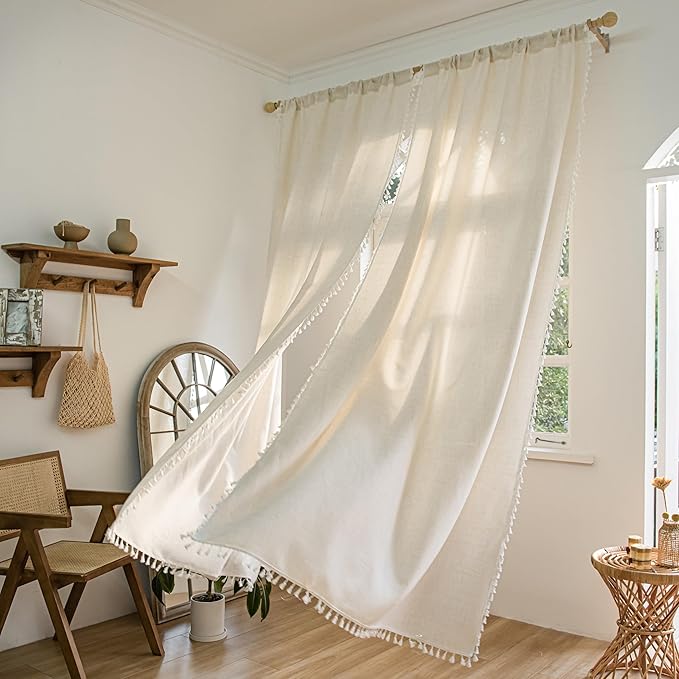 Sutuo Home Ivory Boho Curtains 108 Inches Long, Bohemian Linen Style Textured Curtains with Tassels for Living Room, Semi Blackout Farmhouse Drapes, Rod Pocket Window Treatments 2 Panels, 52" x 108"