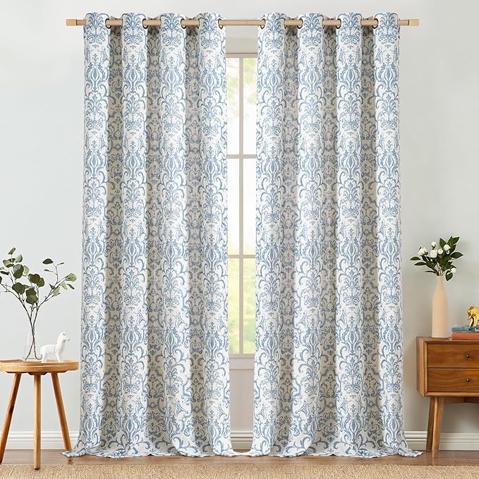 jinchan Linen Curtains for Living Room & Bedroom - Blue Damask Patterned 108 Inch Long Light Filtering Vintage Drapes with Grommet Window Treatments - 2 Panels Set