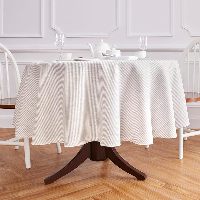 Solino Home Linen 60 Inch Round Tablecloth - Narrow Stripe, 100% Pure Linen Natural and White Round Tablecloth - Machine Washable Table Cloth for Fall, Autumn, Thanksgiving, Christmas, Holiday