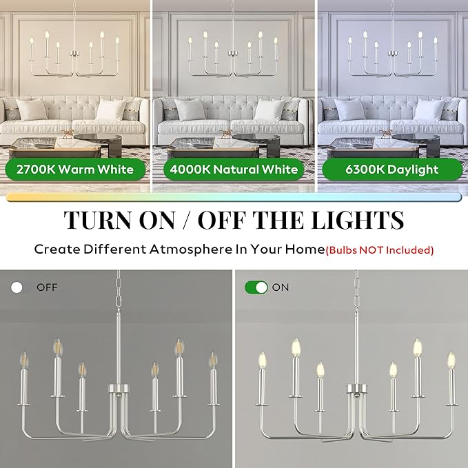 Farmhouse Chandelier, 6-Light Metal Hanging Ceiling Light Fixture for Dining Room, Kitchen Island, Living Room, Entryway, Foyer-Brushed Nickel