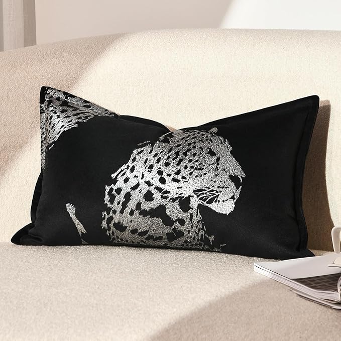 Decorative Lumbar Throw Pillow Cover 12x20'' inch, New Upgrade Velvet Luxury Silver Cheetah Embroidered Long Pillowcase for Bed Couch Sofa Bedroom Living Room