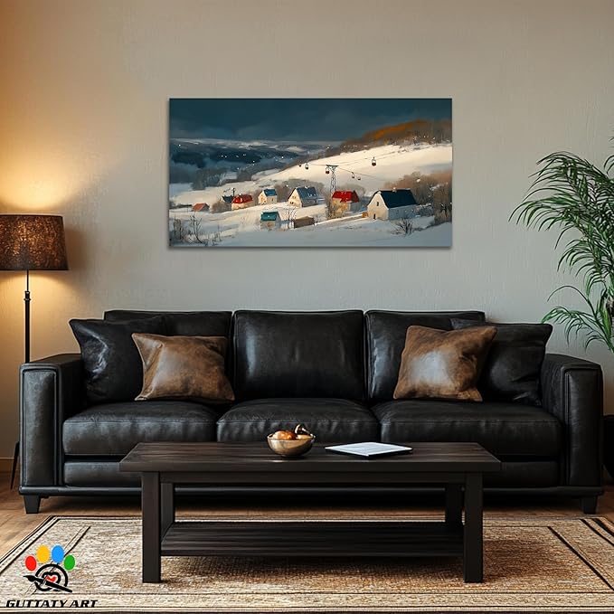 GUTTATY Christmas Winter Scene Canvas Wall Art, Snowy Village Pictures, Cable Car Canvas Prints, Nordic Landscape Painting, Cozy Holiday Wall Decor Poster for Living Room, Bedroom, Office, 48x24 Inch