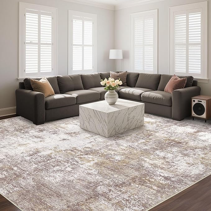 Washable 10X14 Area Rug: Modern Abstract Soft Non-Slip Indoor Rugs - Low Pile Stain Resistant Foldable Rug for Living Room Bedroom Dining Room Playroom Office(Golden Brown 10'x14')