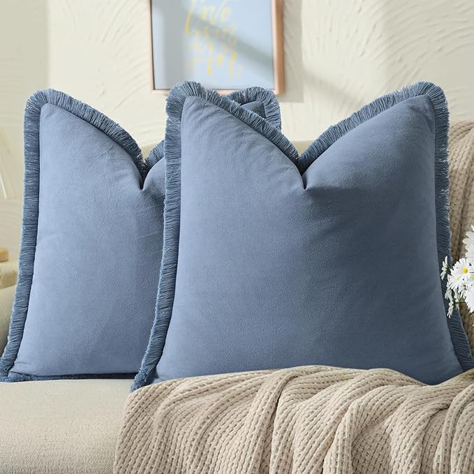 ZWJD Pillow Covers 20x20 Set of 2 Blue Throw Pillow Covers with Fringe Chic Cotton Decorative Pillows Square Cushion Covers for Sofa Couch Bed Living Room Farmhouse Boho Decor
