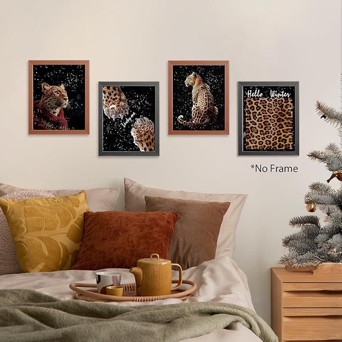 AEHIE Hello Winter blcak Leopard Wall Art Poster Prints for Home Bedroom Living Room Office, Trendy Leopard Poster Print,Winter Funky Lucky Artwork Cheetah Wall Art Unframed 4pcs 8x10inch