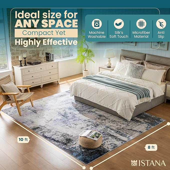 Istana 8x10 Area Rug - Grey Navy 8x10 Rugs for Living Room - Foldable Rugs for Bedroom - Stain Resistant Washable Rug - Eco-Friendly Area Rugs - Easy to Clean Living Room Rug