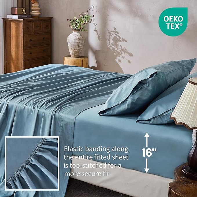 MEISHANG 1000 Thread Count Cotton Sheets California King - 100% Egyptian Cotton, Sateen Weave, Soft & Breathable, Oeko-Tex Certified, 16" Deep Pockets - 4 Piece (Cal King, Smoky Blue)