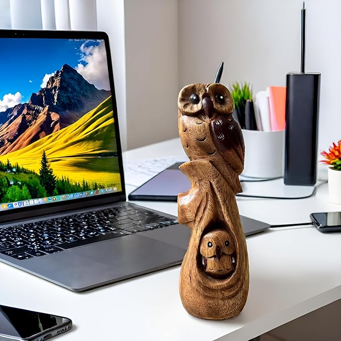 Handcrafted Wooden Owl Statue from Thailand, Solid Wood Sculpture Figurine for Home Decor, Rustic Natural Carving Ornament, for Living Room, Bedroom, or Office