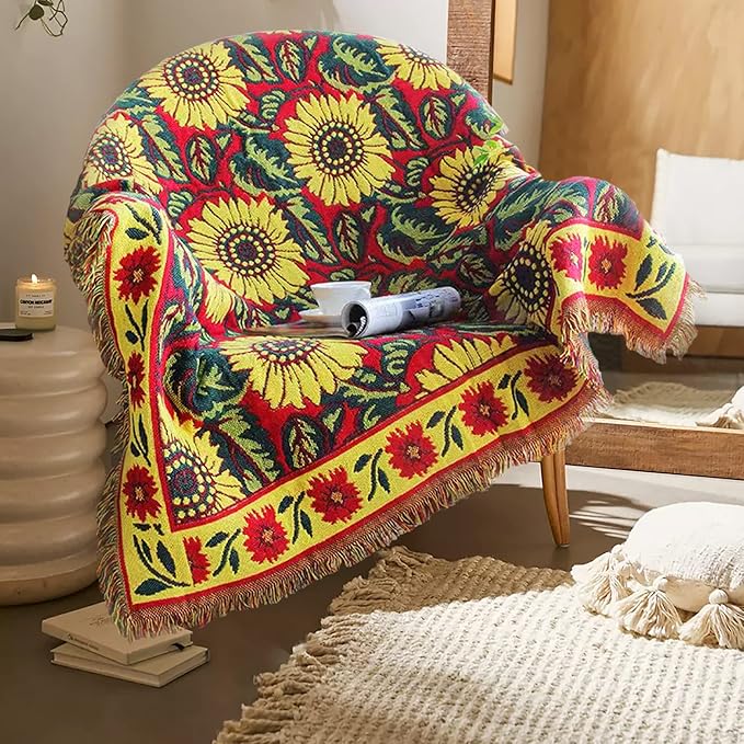 Red Sunflower Throw Blanket with Fringe Boho Throw Blankets Recliner Chair Couch Sofa Cover Woven Reversible Cotton Bohemian Tapestry Hippie Room Home Decor Double Side 70"x90"
