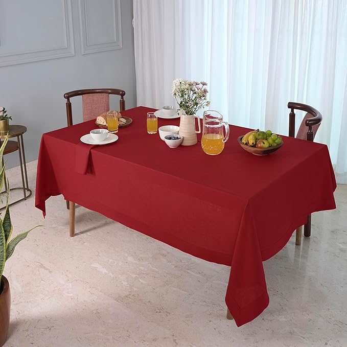 D'Moksha Homes Red Linen Tablecloth 60 x 120 Inch - 100% Pure Linen Hemstitch Tablecloth for Rectangle Tables - Classic Hemstitch, Machine Washable Table Cloth for Thanksgiving, Christmas, Holiday
