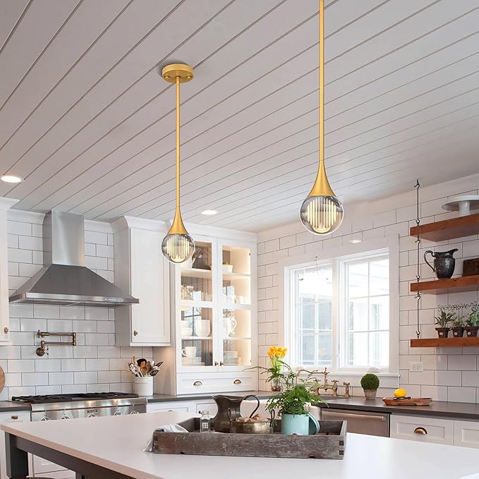 2-Pendant Lights Kitchen Island, Painted Gold Globe Crystal Ceiling Hanging Light Fxitures, LED Light Fixtures Metal Rod Ceiling Glass Pendant Lighting for Kitchen Island Dining Room Bar