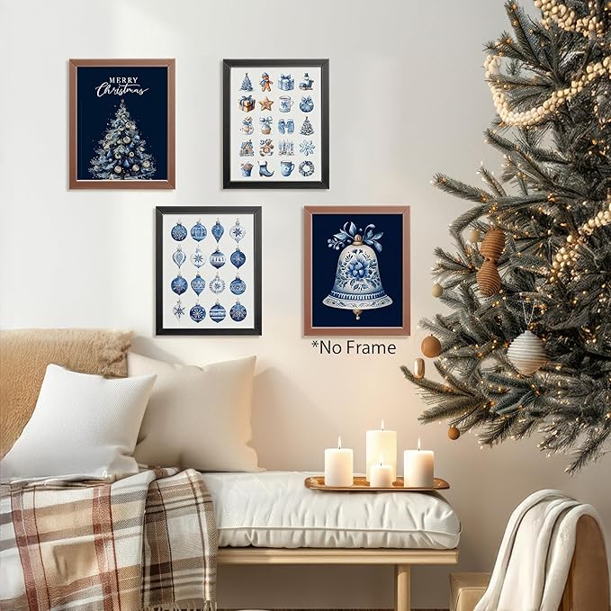 AEHIE Chinoiserie Blue and White Christmas Wall Art Poster Prints for Home Living Room Bedroom Kitchen, Winter Holiday Artwork Poster Blue Xmas Tree Bell Snowflake Decorations Unframed 4pcs 8x10inch