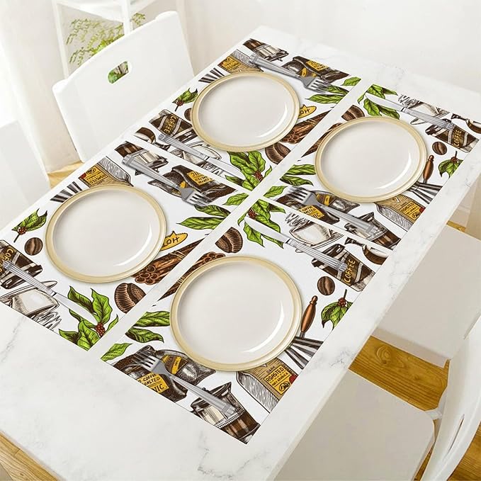 Coffee Time Placemat Set of 4, 12x18 Inch Rustic Coffee Cup Theme Beans Retro Vintage Farmhouse Washable Heat Resistant Table Mats for Outdoor Farmhouse Kitchen Dining Decor