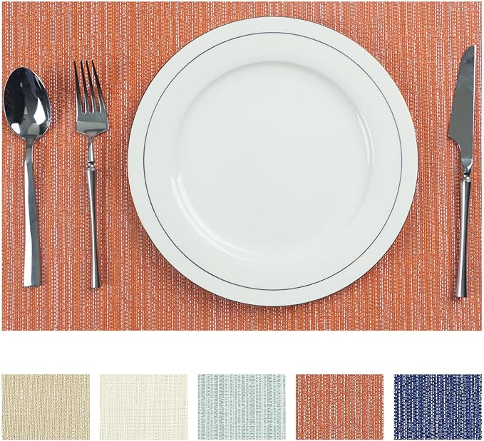 AHHFSMEI Placemats for Dining Table Set of 4 Woven Vinyl Plastic Place Mats Non-Slip Heat Insulation Stain Resistant Table Mats Washable Easy Clean Placemats (Multi Orange,4)