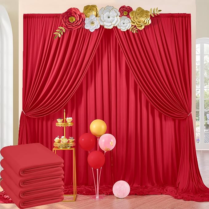 20ft x 10ft Wrinkle Free Red Backdrop Curtains for Parties, 4 Panels 5x10ft Silky Polyester Photo Backdrop Drapes for Birthday Wedding Christmas Party Photography Background Stand