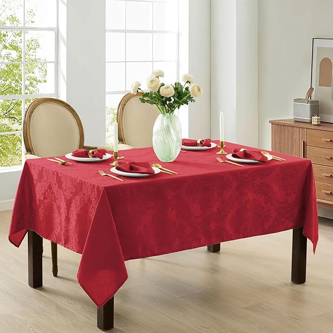 Newbridge Barcelona Damask Fabric Tablecloth, 60 x 102 Inch Rectangle, Red – No Iron, Soil Resistant Table Cover for Dining, Parties and Holidays