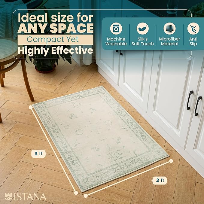 Istana 2x3 Area Rug - Green Boho Rugs for Living Room 2x3 - Foldable Small Rugs for Bedroom - Stain Resistant Washable Rug Non Slip - Eco-Friendly Area Rugs Indoor
