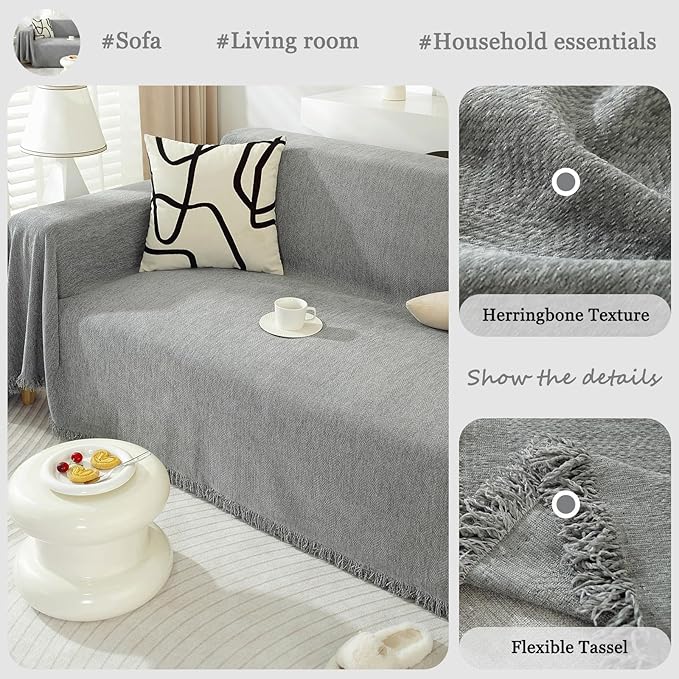 DREAMINGO Modern Minimalism Couch Cover Pets Loveseat Protector Light Grey Chenille Sofa Covers for Sectional 3 Seat Couch Boho Herringbone Furniture Cover Waterproof Sofa Slipcover, 71"x118"
