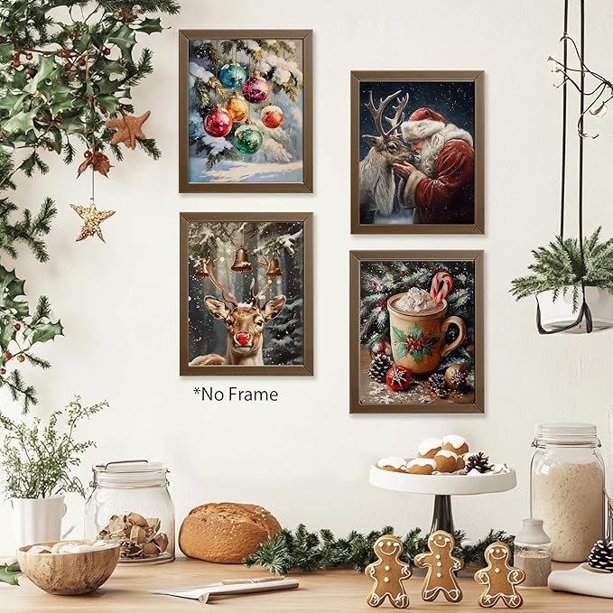 AEHIE Vintage Winter Christmas Red Nose Reindeer Santa Wall Art Poster Prints for Home, Rustic Farmhouse Xmas Santa Tree Decor, Reindeer Pine Tree Photo Santa Wall Art Unframed 4pcs 8x10inch