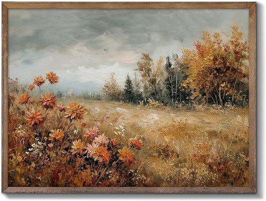 XOCUUI Autumn Landscape Painting Wildflower Fall Canvas Poster Art Print Vintage Rustic Wall Art Retro Farmhouse Wall Decor Aesthetic 8x10inch Unframed