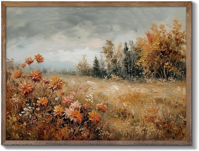 XOCUUI Autumn Landscape Painting Wildflower Fall Canvas Poster Art Print Vintage Rustic Wall Art Retro Farmhouse Wall Decor Aesthetic 12x16inch Unframed