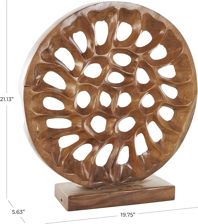 Deco 79 Teak Wood Abstract Handmade Decorative Sculpture Circular Cutout Home Decor Statue, Accent Figurine 20" x 6" x 21", Brown
